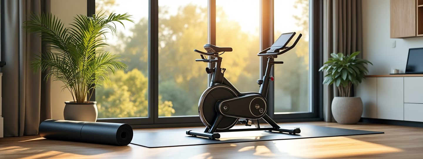 Helles Heimfitness-Zimmer mit Heimtrainer und Yogamatte am Fenster